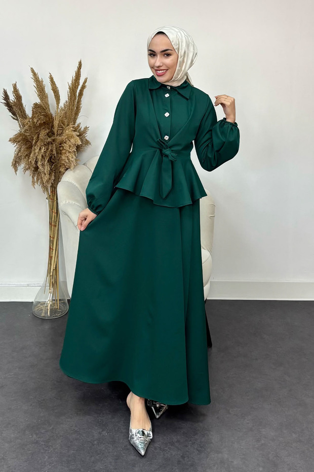 Stone Button Detailed Crepe Hijab Suit