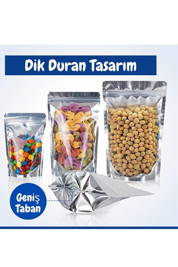 20 Adet Şeffaf Metalize Doypack Poşet Dayanıklı Yeniden Kullanılabilir Gıda Koruma Paketi 13x22 - 1