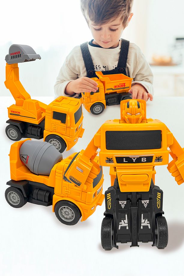 Robota Dönüşebilen Çek Bırak Oyuncak Iş Makineleri / Inşaat Araçları 4 Adet - 5