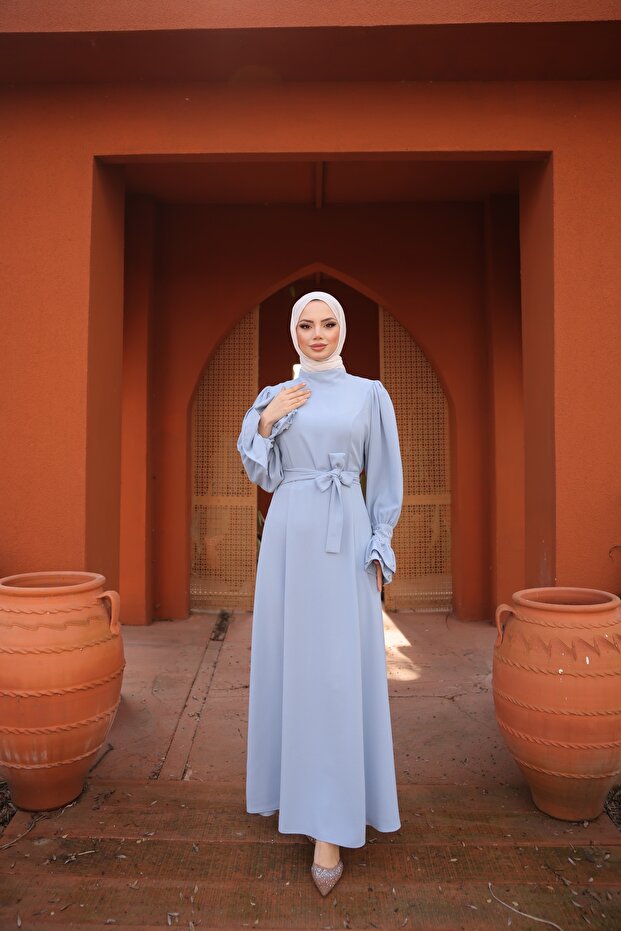 4507 - L-4 - Stone Detailed Hijab Dress Blue