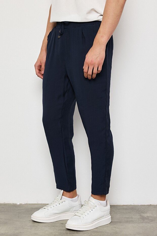 Premium Men's Boyfriend Mold Elastic Waist Navy Blue Woven Trousers Ls-23096