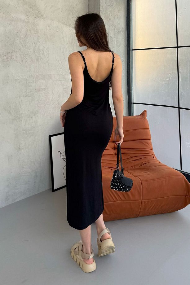 Kadın Siyah Askı Ayarlı Yırtmaçlı Modal Kumaş Elbise - 9