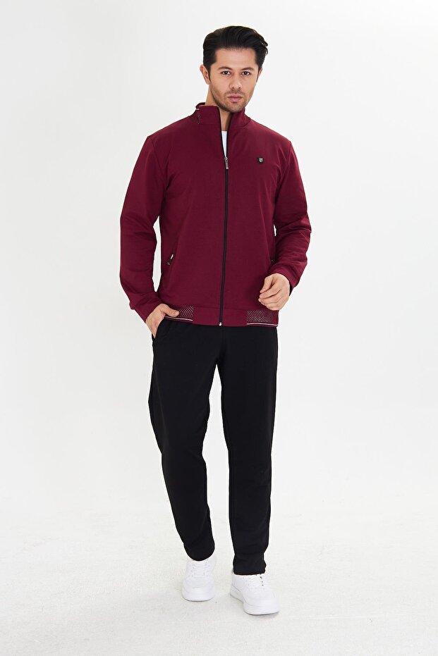 Cotton Full Zipper Men's Tracksuit Set Claret Red 5751-B