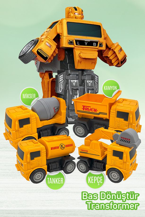 Robota Dönüşebilen Çek Bırak Oyuncak Iş Makineleri / Inşaat Araçları 4 Adet - 1