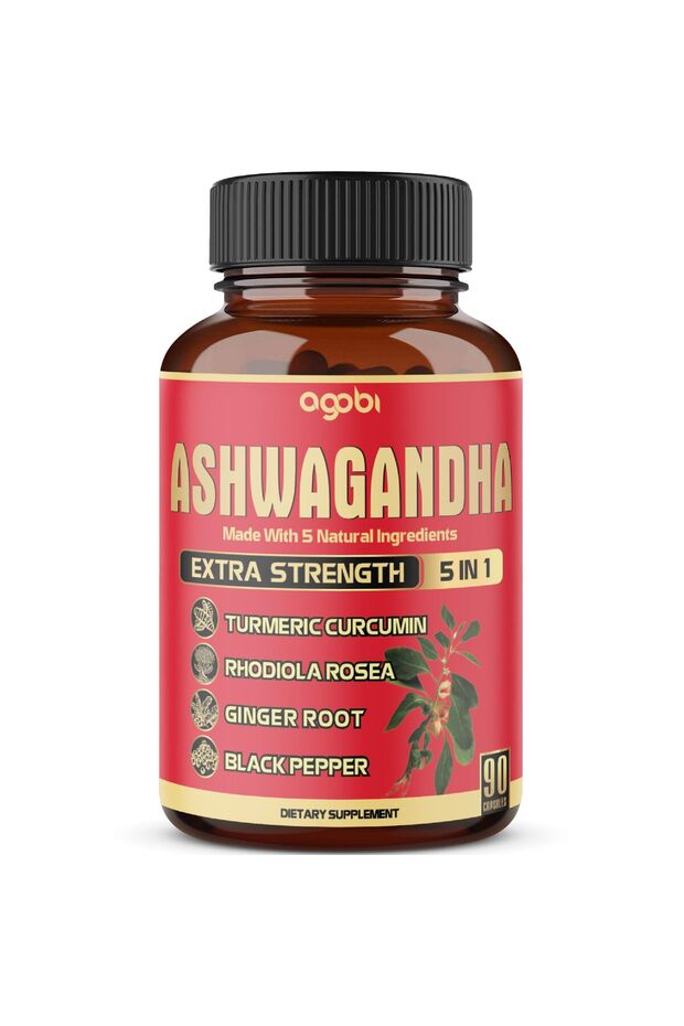 Ashwagandha Capsules, 5in1 (5200mg) with Turmeric, Ginger, Black Pepper, Rhodiola - 90 Caps
