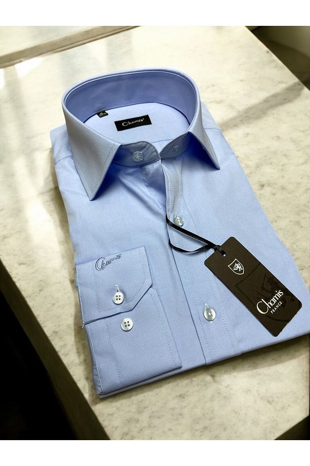SlimFit Kolay Ütülenebilir Orta Mavi Poplin Uzun Yaka Gömlek - 5