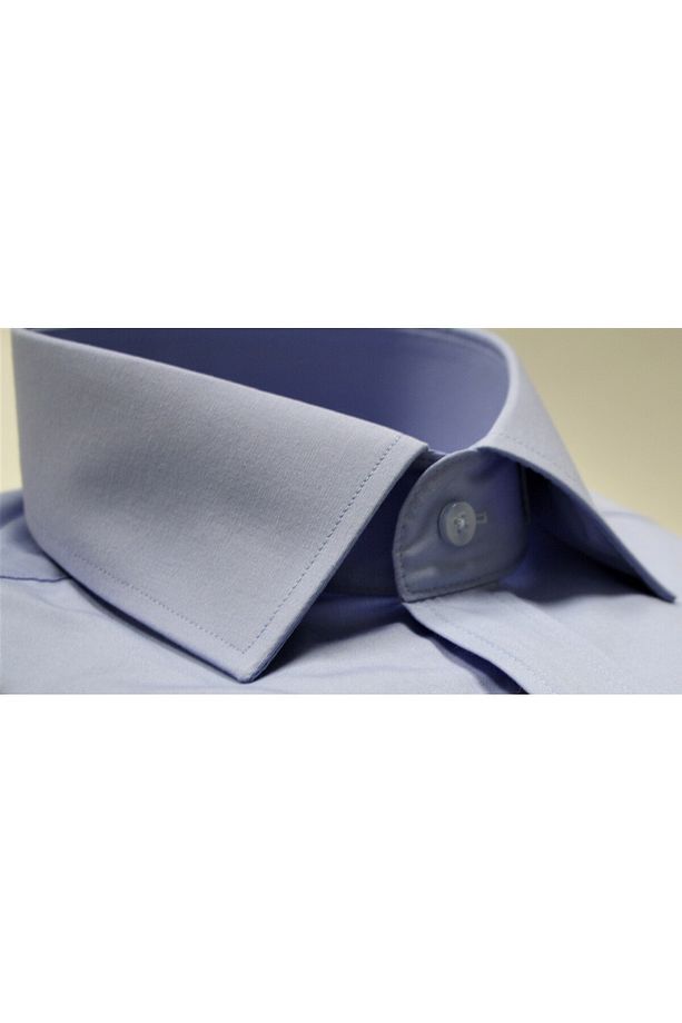 SlimFit Kolay Ütülenebilir Orta Mavi Poplin Uzun Yaka Gömlek - 3