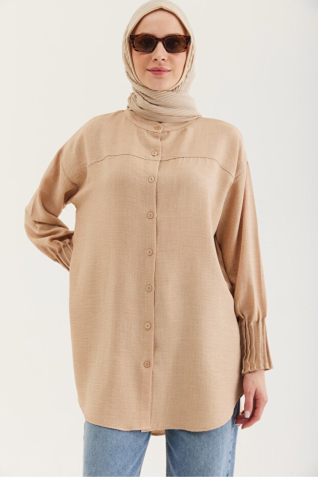 Linen Fabric Sleeve Ribbed Detailed Shirt Tunic Beige