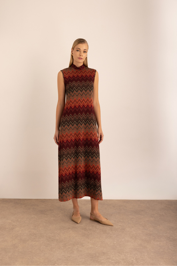 Desenli Simli Örme Kolsuz Elbise - 5