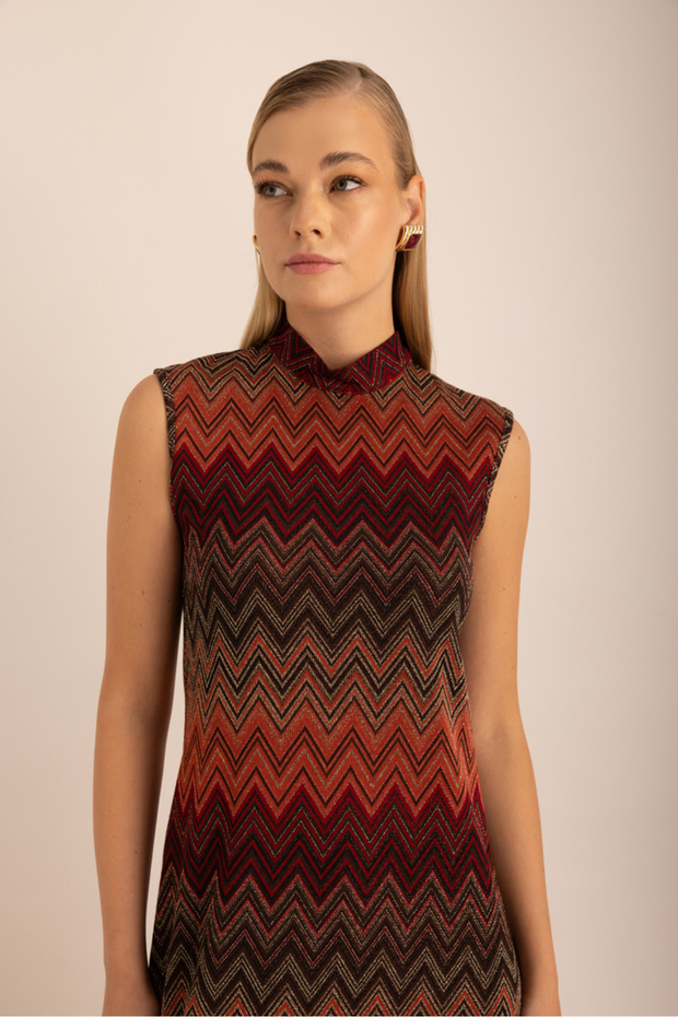 Desenli Simli Örme Kolsuz Elbise - 4