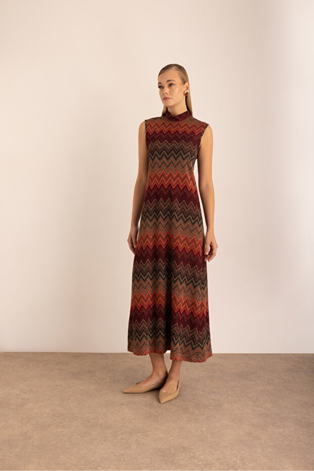 Desenli Simli Örme Kolsuz Elbise - 6