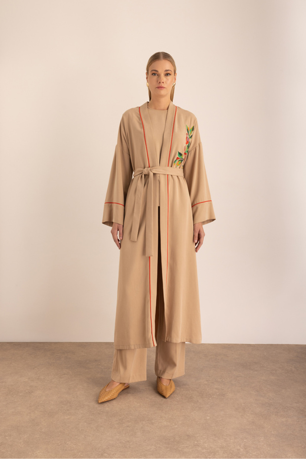Belted Kimono with Contrast Piping and Embroidery Detail