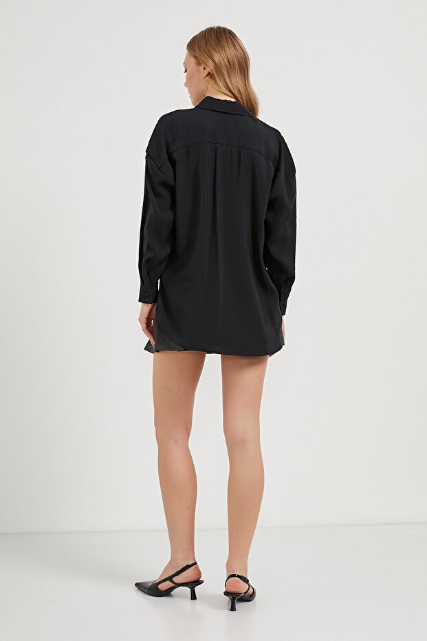 Kadın Çift Cep Premium Oversize Basic Siyah Gömlek - 4