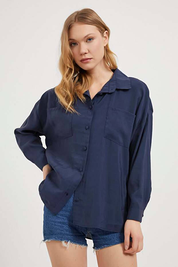 Kadın Cepli Premium Oversize Basic Lacivert Gömlek - 1