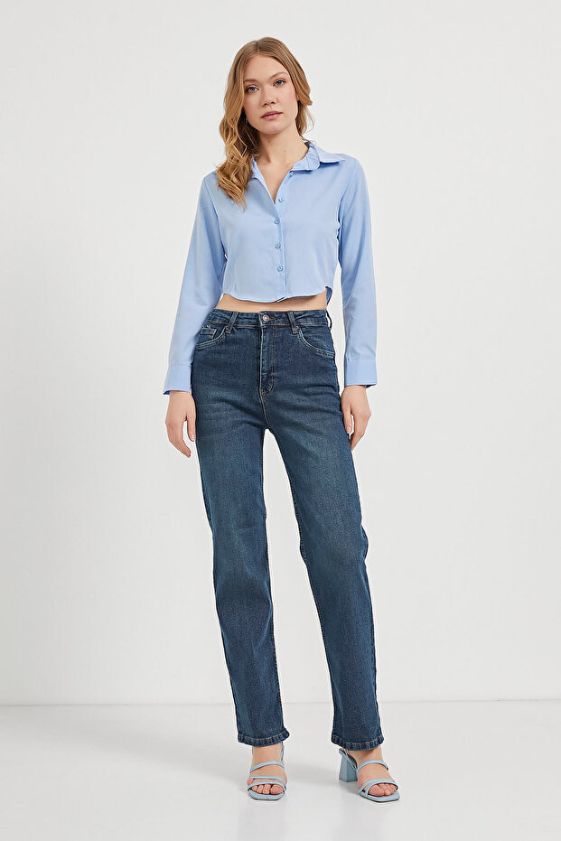 Kadın Kısa Yazlık Uzun Kollu Bol Mavi Crop Gömlek - 2