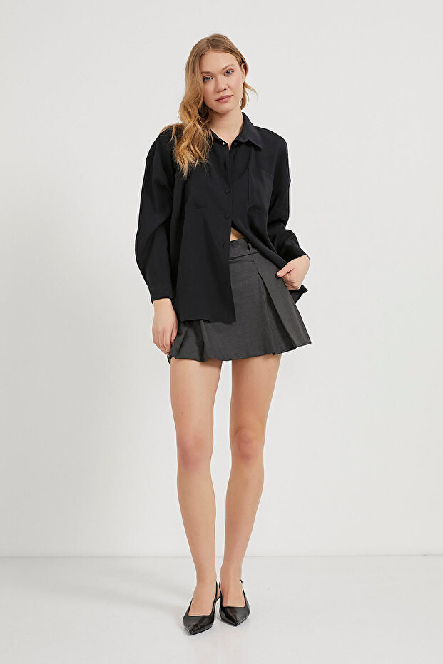 Kadın Çift Cep Premium Oversize Basic Siyah Gömlek - 2