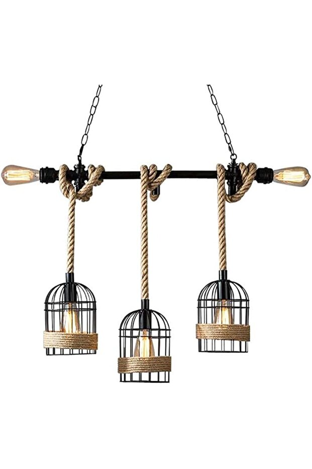 Vintage Industrial Rope Chandelier - 5-Head Black Ceiling Light