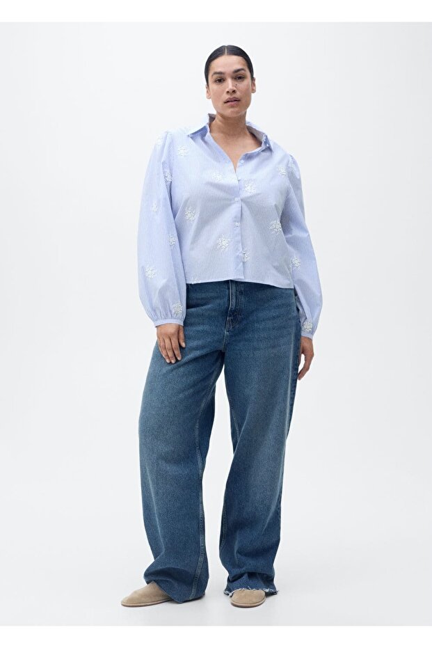 Çiçek işlemeli çizgili gömlek - 6