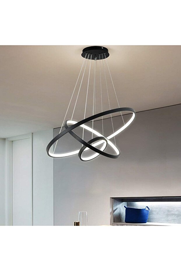 AFN LIGHTINGS Modern Dimmable LED Chandelier 3-Ring Ceiling Pendant Light Cool White Black Lighting