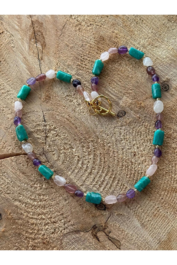 Amazonite- Amethyst- Strawberry Quartz - Pink Quartz Natural Stone Necklace