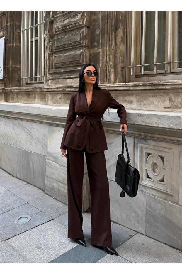 Long Vest with Clove Belt - Palazzo Pants Set