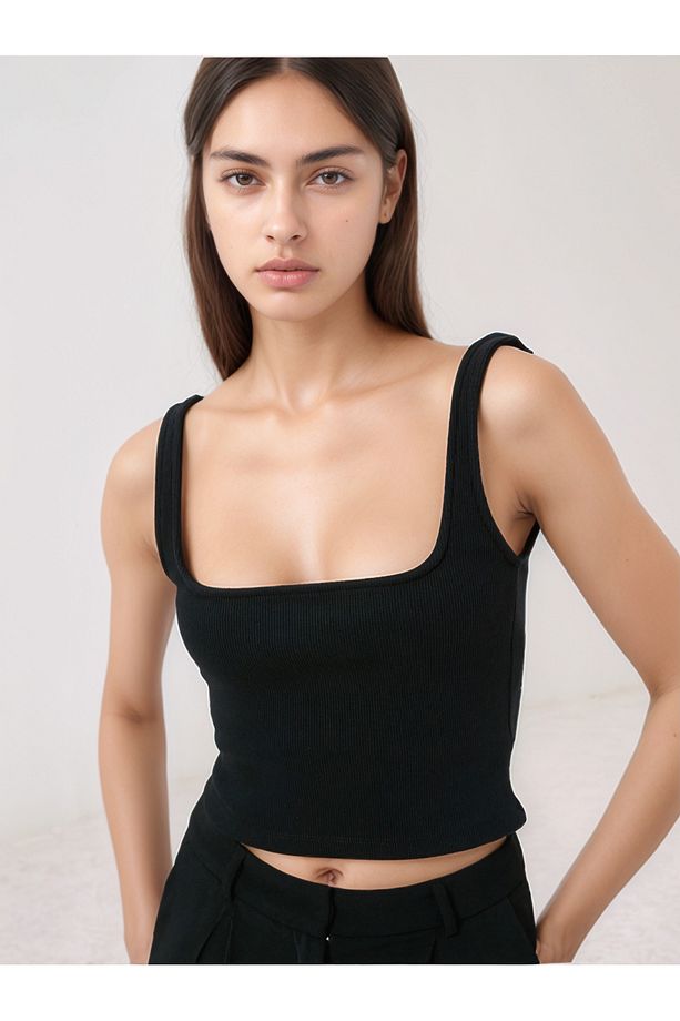 Askılı Fitilli Basic Crop Atlet - Çift Kat Astarlı (%100 Pamuk) - 1