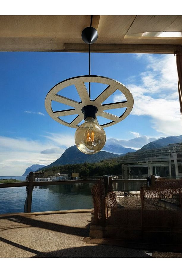WHEEL  Tek Teker Tekerlek Avize Sarkıt  Ahşap Dekoratif  Cafe Restoran Rustik Balkon Bahçe Avizesi - 3