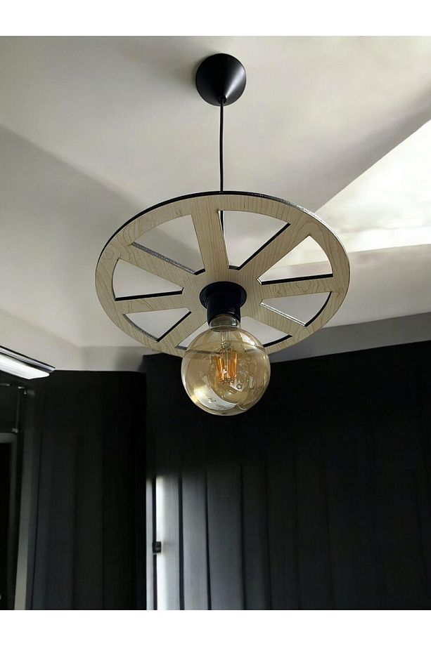 WHEEL  Tek Teker Tekerlek Avize Sarkıt  Ahşap Dekoratif  Cafe Restoran Rustik Balkon Bahçe Avizesi - 5