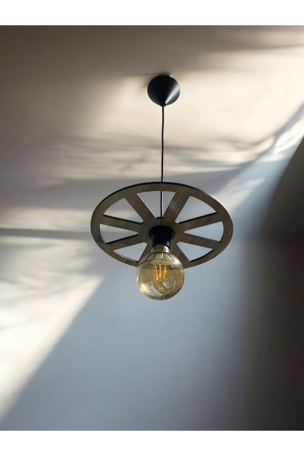 WHEEL  Tek Teker Tekerlek Avize Sarkıt  Ahşap Dekoratif  Cafe Restoran Rustik Balkon Bahçe Avizesi - 3