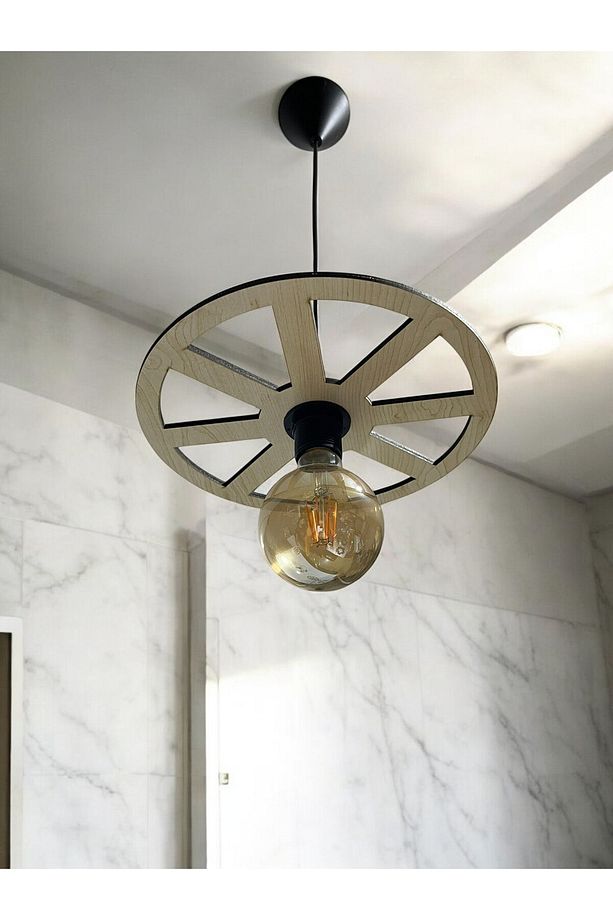 WHEEL  Tek Teker Tekerlek Avize Sarkıt  Ahşap Dekoratif  Cafe Restoran Rustik Balkon Bahçe Avizesi - 6