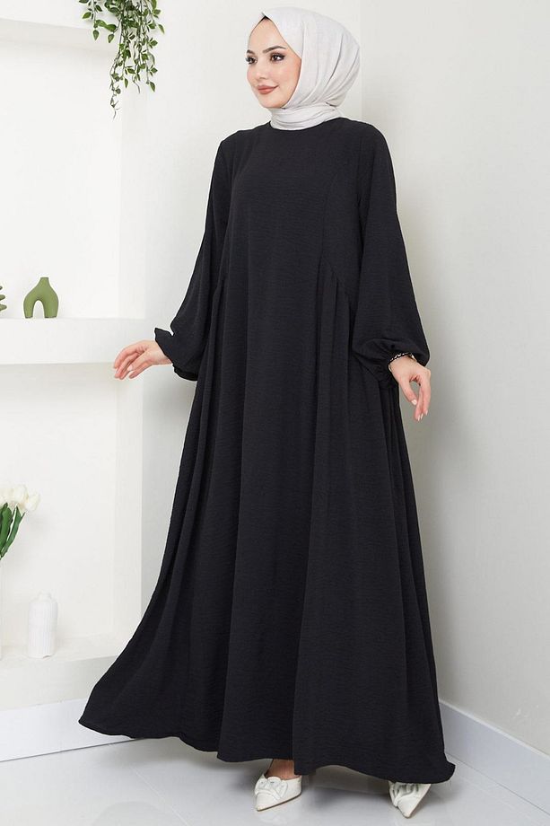 siyah Sufle Ayrobin Tesettür Elbise - 4