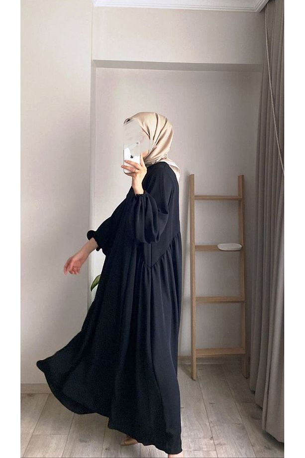 siyah Sufle Ayrobin Tesettür Elbise - 5