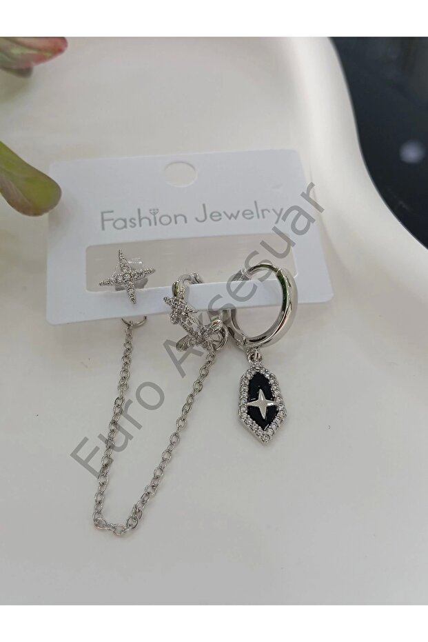 Silver Chain Detailed Vip Triple Earrings