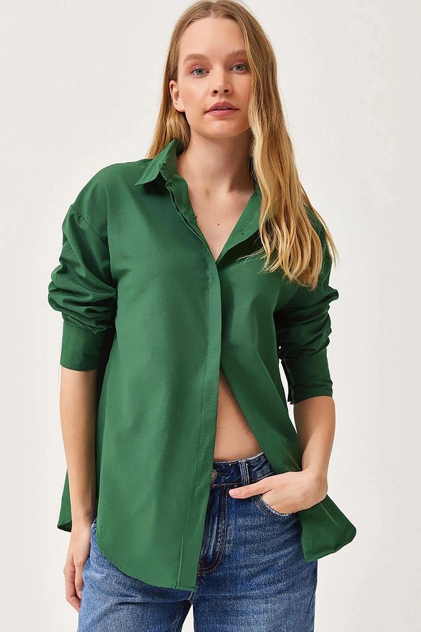 Kadın Yeşil Oversize Uzun Basic Gömlek Bccl-253000 - 1