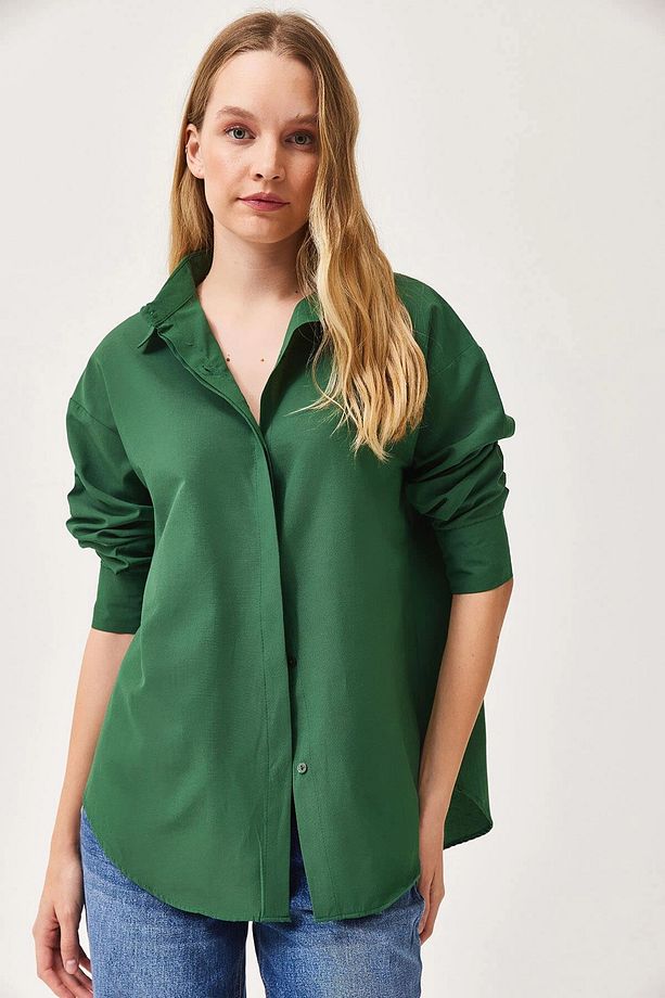Kadın Yeşil Oversize Uzun Basic Gömlek Bccl-253000 - 3