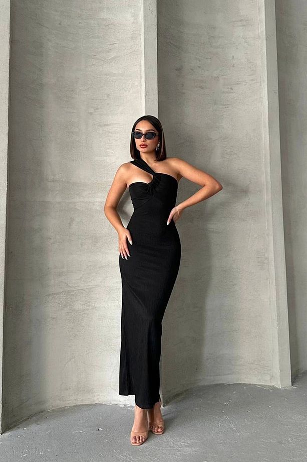Kadın Siyah Tek Omuz Detaylı Maxi Boy Elbise Bchn-2525455 - 3