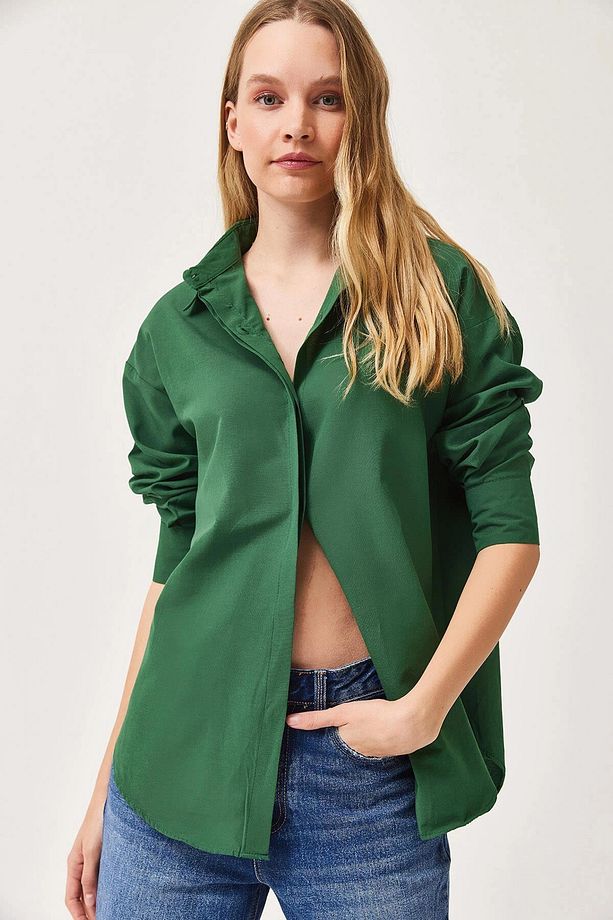 Kadın Yeşil Oversize Uzun Basic Gömlek Bccl-253000 - 5