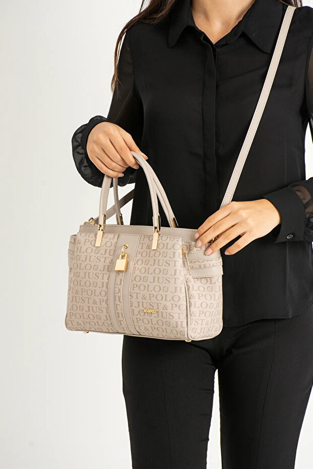 Women's Printed Lock Detailed Hand and Shoulder Bag