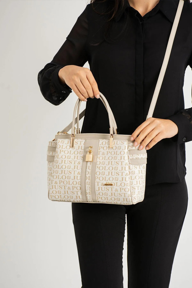 Women's Printed Lock Detailed Hand and Shoulder Bag
