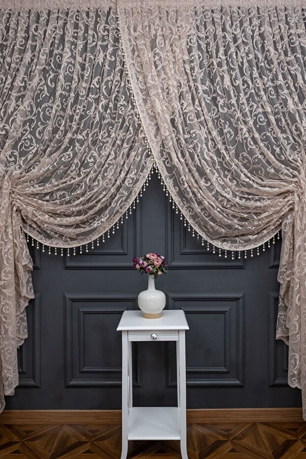 Mink Beige Light Brown Color Shawl Design Beaded Double Breasted Curtain