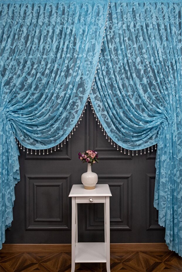 Turquoise Green Shawl Design Beaded Double Breasted Curtain Yanki Tulle Theater Model Curtain