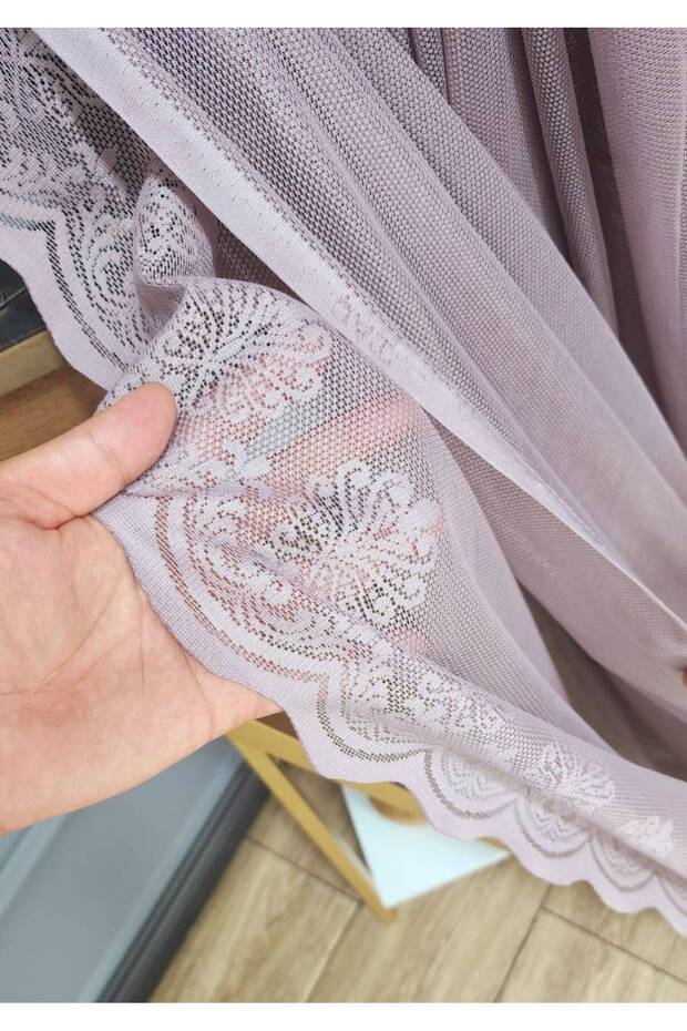 Sade Mor Etek Nakışlı Örme 3Kat Pileli Tül Perde - 1