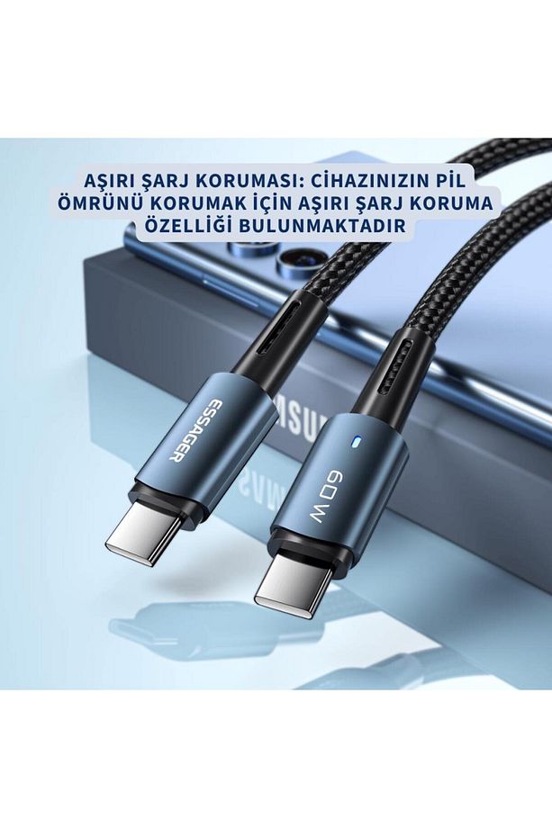 Led Işıklı 3metre Qc4.0 Pd 60w Type C To Type C Şarj Kablosu Örgü Kopmaz Şarj Akım Korumalı - 5