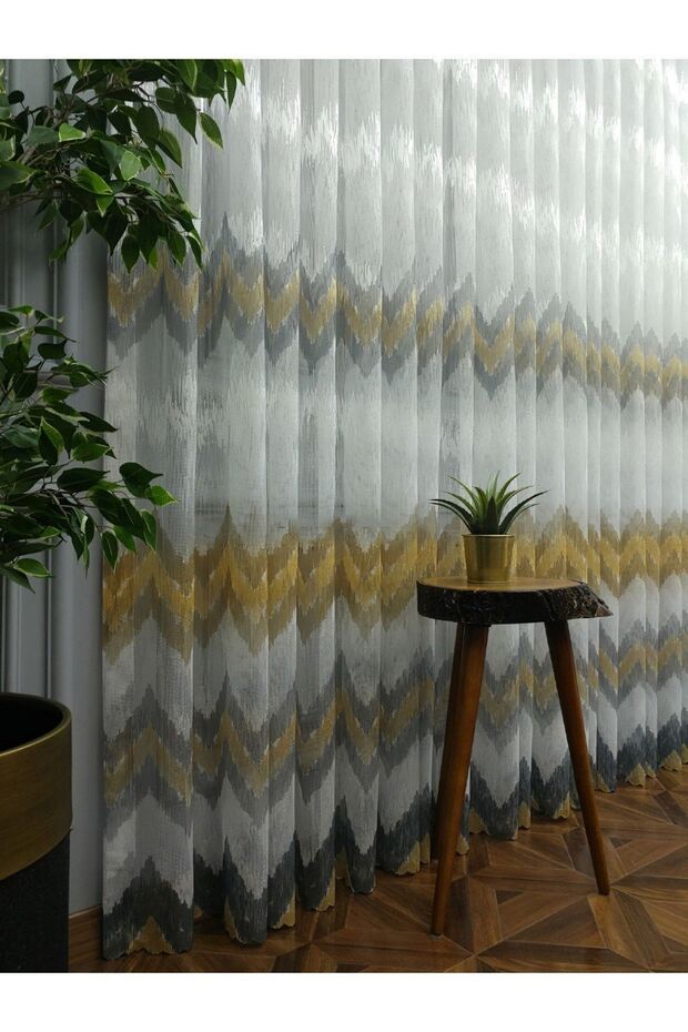 Harmony Zigzag Pattern Mustard Dark Yellow Design 1/2 Layer Pleated Tulle Curtain