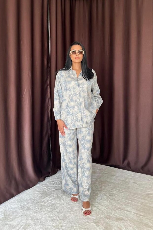 Cottonlab Blue Leopard Print Jacket and Pants Linen Set - 6