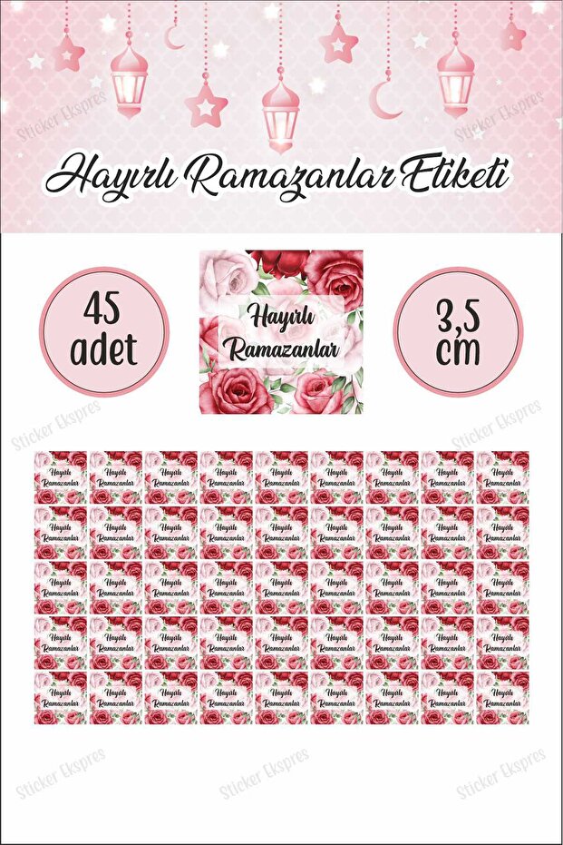 Square Shaped Pink Red Rose Auspicious Ramadans Tag 3.5 cm 45 Pieces Waterproof Sticker