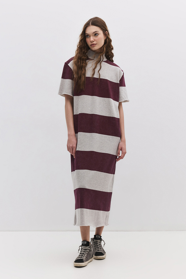 Off-Neck Slit Striped Midi Dress
