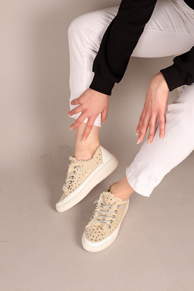 Clara Denim Sneakers with All Stone Accessories Beige