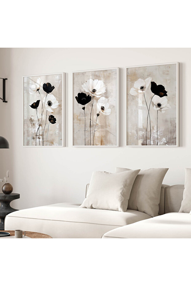3 Parça Tablo, Siyah Çiçek Tablo - 1