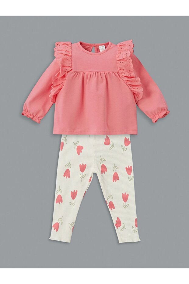 Lcw Baby Pink Crew Neck Floral Baby Girl Blouse and Leggings 2-Piece
